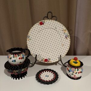 Mary Engelbreit Cherry Blossom Polka Dot Ceramic Sugar Bowl Creamer Plate Set